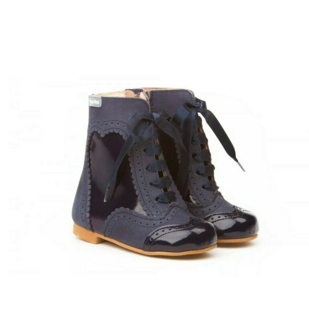 Angelitos Girls Spanish Boots Navy Leather with Satin Ribbon Ties NEW